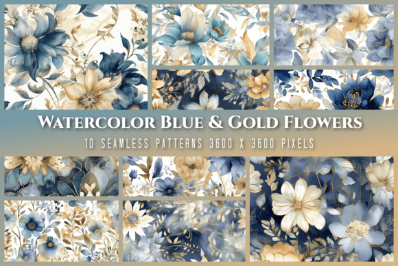 Blue Gold Floral Seamless Patterns
